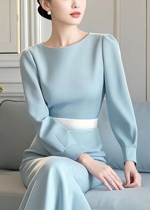 Kleid Frühling Hohe Elegante Baumwolle O Blau Hals Taille Lange