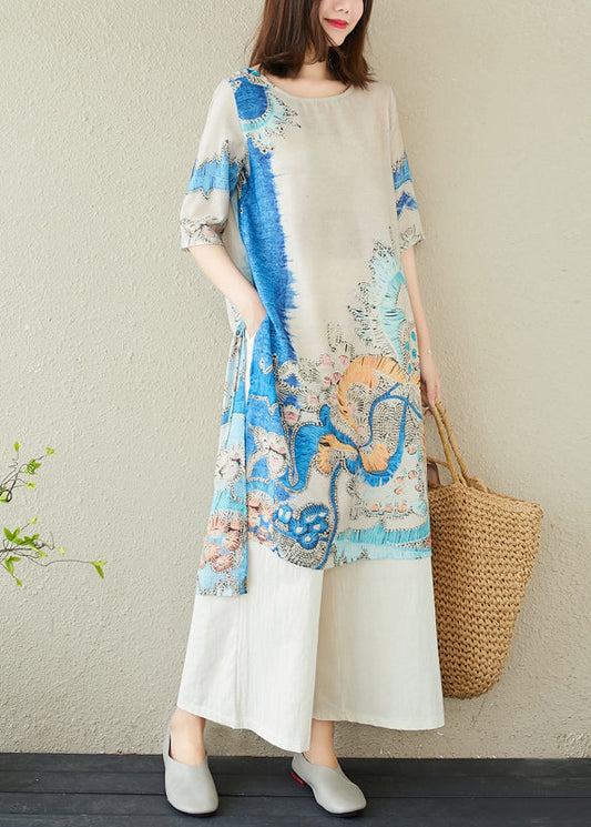 Sommer Oversized Print Elegante Kleider Blau Leinen
