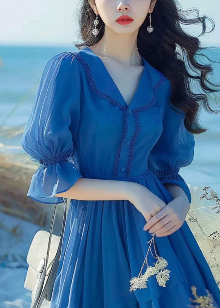 Elegant Blue Peter Pan Collar Button Chiffon Dress Flare Sleeve ZL022