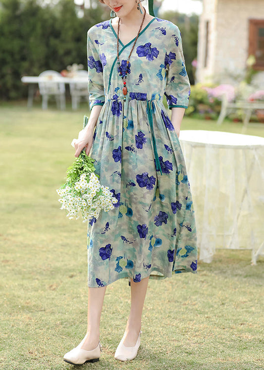 Elegant Blue Print Pockets Drawstring Cotton Dress Half Sleeve JH003