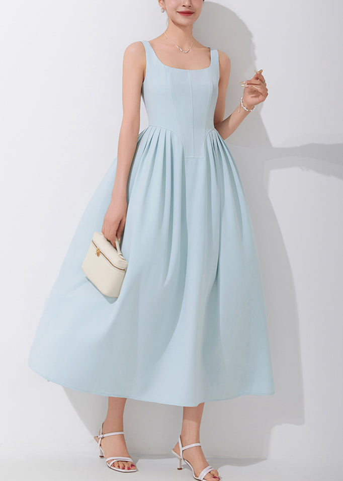 Elegant Blue Square Collar High Waist Spaghetti Strap Dress Sleeveless AM1018