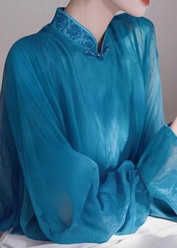 Chemises à col élégant Stand Spring en mousseline de soie bleue