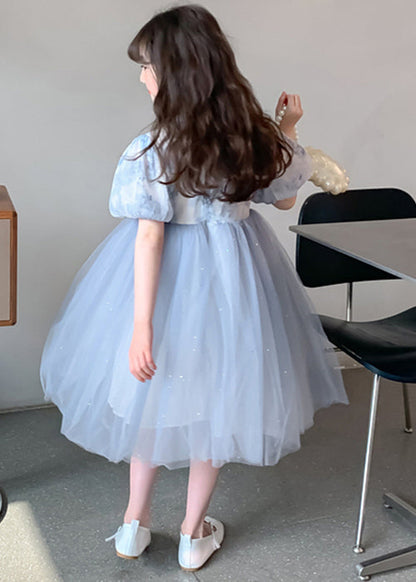 Robe élégante bleue à col montant et imprimé patchwork en tulle pour filles, été TT038