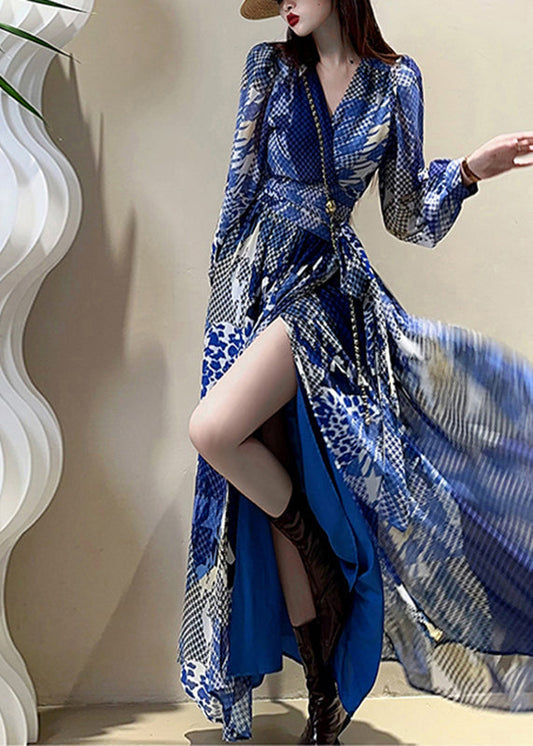 Kleid Maxi Ärmel Elegant Print V Laterne Kordelzug Blau Hals