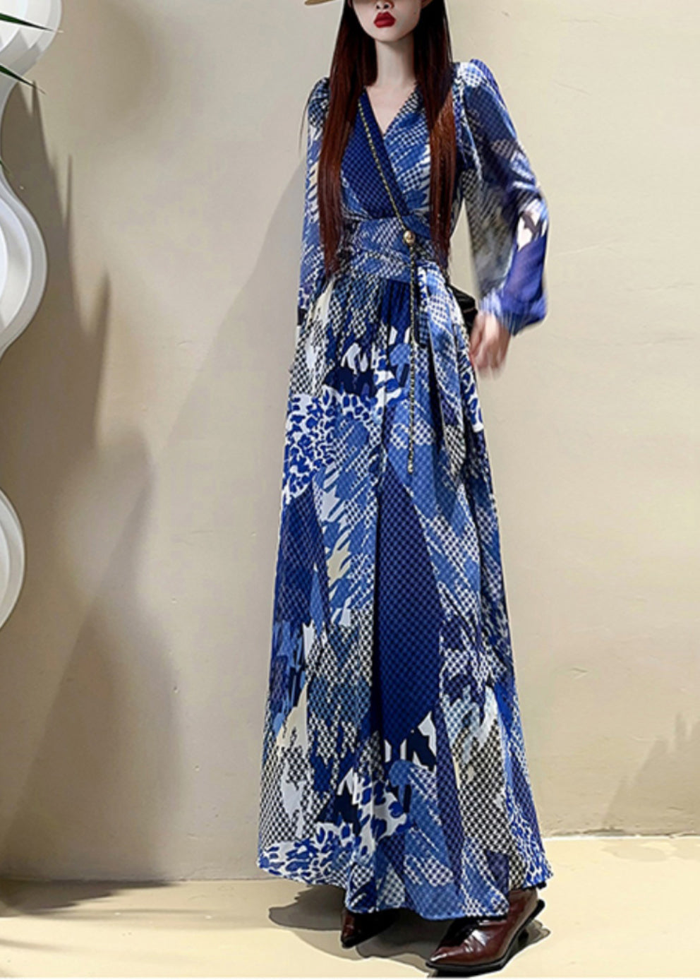 Kleid Maxi Ärmel Elegant Print V Laterne Kordelzug Blau Hals