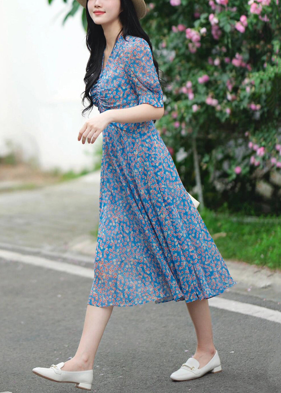 Elegant Blue V Neck Print Pockets Cotton Dress Summer KJ009