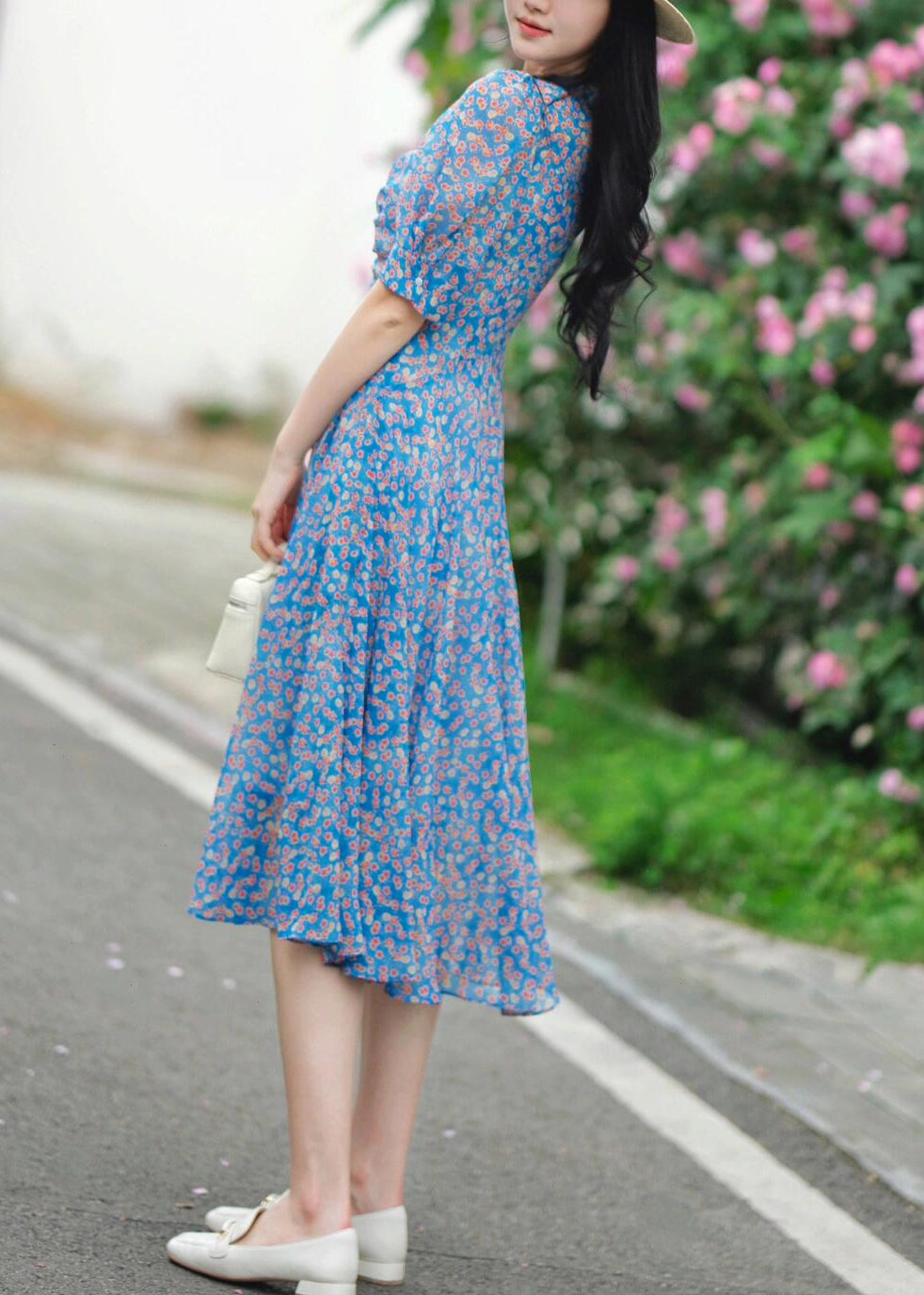 Elegant Blue V Neck Print Pockets Cotton Dress Summer KJ009