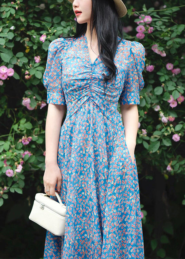 Elegant Blue V Neck Print Pockets Cotton Dress Summer KJ009