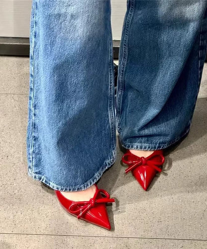 Bow Elegant High Heels Leather Red Splicing Stiletto Faux