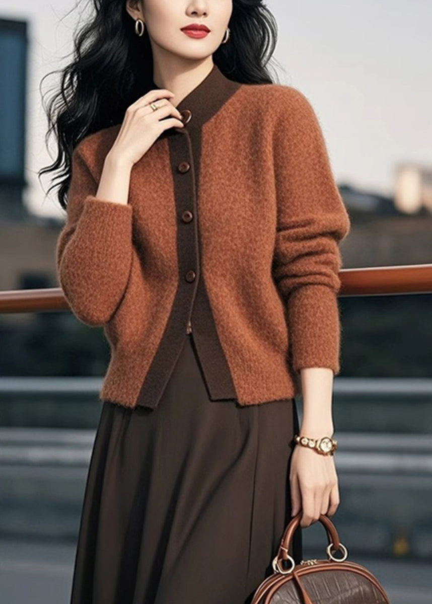 Elegante Braune Stehkragen Knopf Patchwork Strick Cardigans Frühling TO003