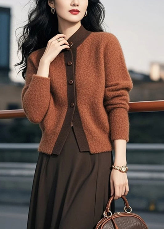 Elegante Braune Stehkragen Knopf Patchwork Strick Cardigans Frühling TO003