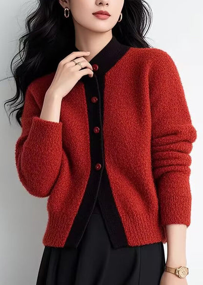 Elegante Braune Stehkragen Knopf Patchwork Strick Cardigans Frühling TO003