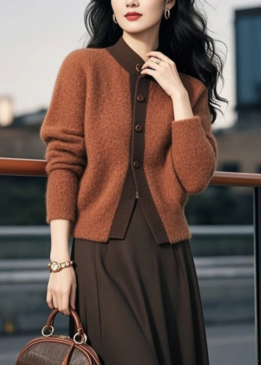 Elegante Braune Stehkragen Knopf Patchwork Strick Cardigans Frühling TO003