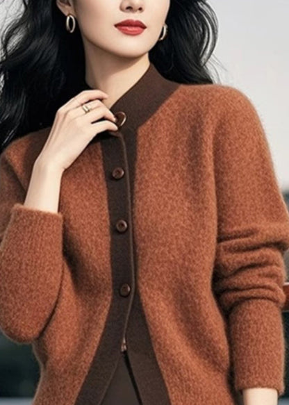 Elegante Braune Stehkragen Knopf Patchwork Strick Cardigans Frühling TO003