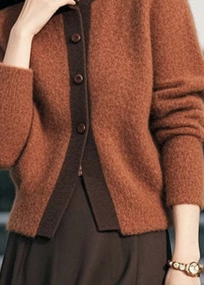 Elegante Braune Stehkragen Knopf Patchwork Strick Cardigans Frühling TO003