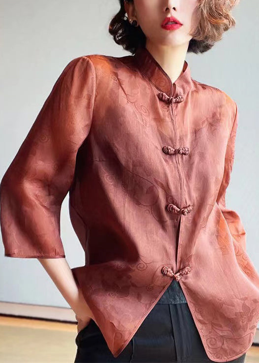 Elegant Brown Stand Collar Button Print Silk Blouses Summer Ada Fashion