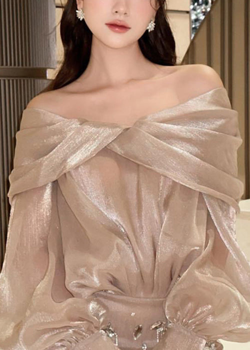 Elegant Champagne Color Slash Neck Zircon Silk Mid Dress Fall WQ036