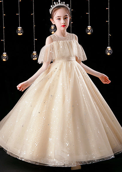 Robe longue élégante en tulle à paillettes et col rond pour enfants, couleur champagne, été XZ039