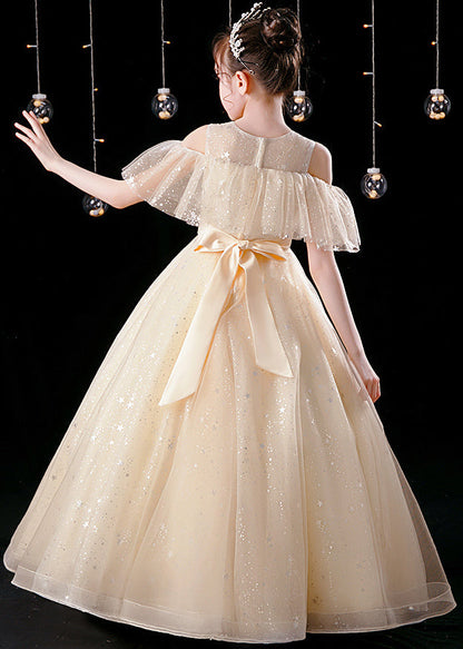 Robe longue élégante en tulle à paillettes et col rond pour enfants, couleur champagne, été XZ039