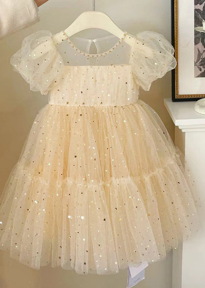 Elegant Champagne O-Neck Wrinkled Bow Tulle Kids Mid Dress Summer AH645