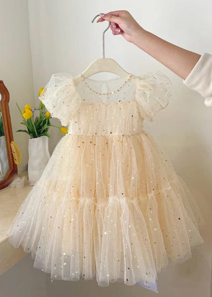 Elegant Champagne O-Neck Wrinkled Bow Tulle Kids Mid Dress Summer AH645