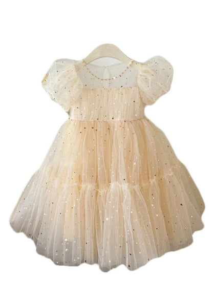 Elegant Champagne O-Neck Wrinkled Bow Tulle Kids Mid Dress Summer AH645