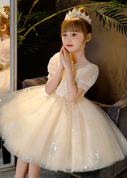 Robe mi-longue élégante en tulle à paillettes et perles de champagne pour enfants, été XZ035