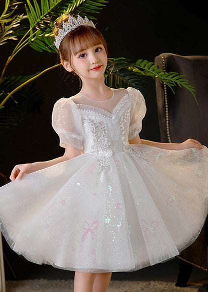 Robe mi-longue élégante en tulle à paillettes et perles de champagne pour enfants, été XZ035