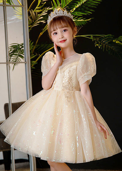 Robe mi-longue élégante en tulle à paillettes et perles de champagne pour enfants, été XZ035