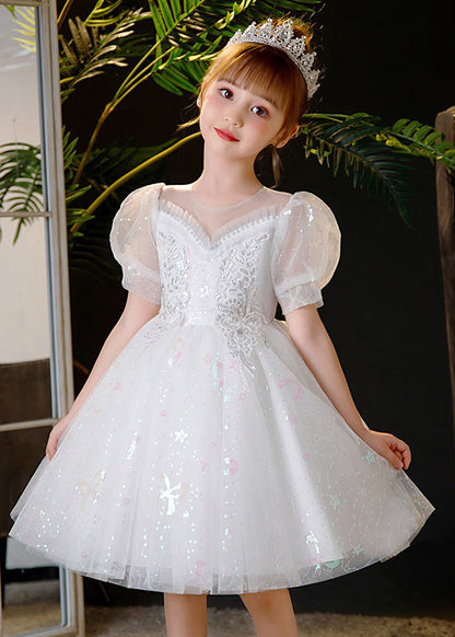 Robe mi-longue élégante en tulle à paillettes et perles de champagne pour enfants, été XZ035