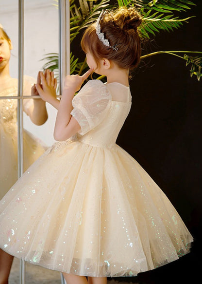 Robe mi-longue élégante en tulle à paillettes et perles de champagne pour enfants, été XZ035