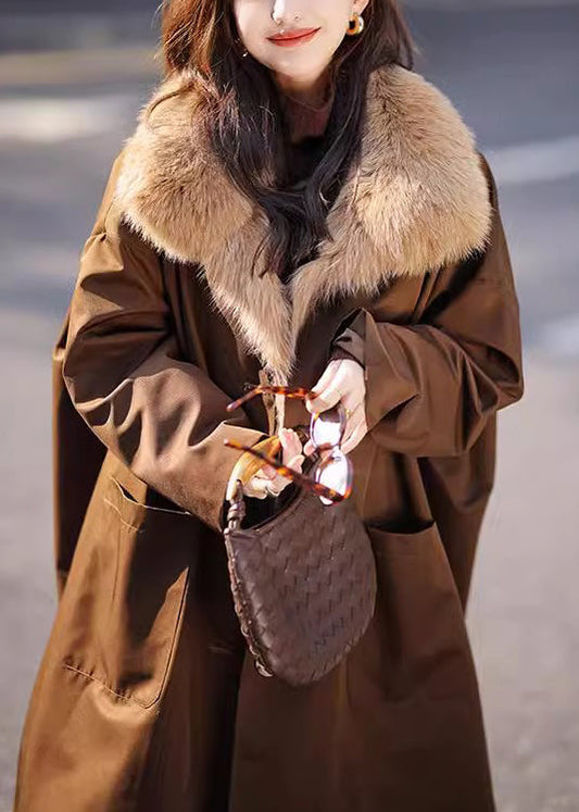 Eleganter Schokoladenbrauner Pelzkragen, abnehmbar, warm, Fleece, lange Parkas, Winter, RC014