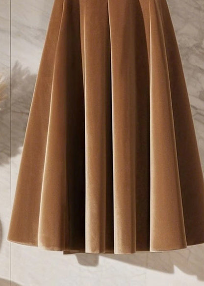 Elegant Coffee High Waist Sashes Silk Velvet Maxi Skirt Spring TA001