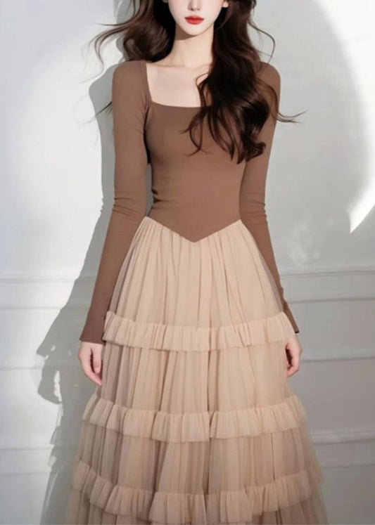 Kuchen Lange Kaffee Quadrat Tüll Elegante Kleid Patchwork Kragen