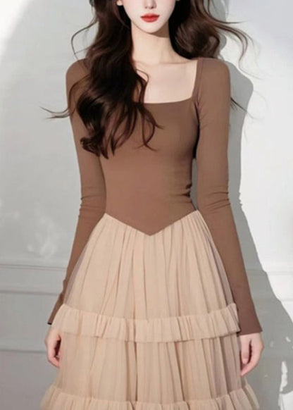 Kuchen Lange Kaffee Quadrat Tüll Elegante Kleid Patchwork Kragen