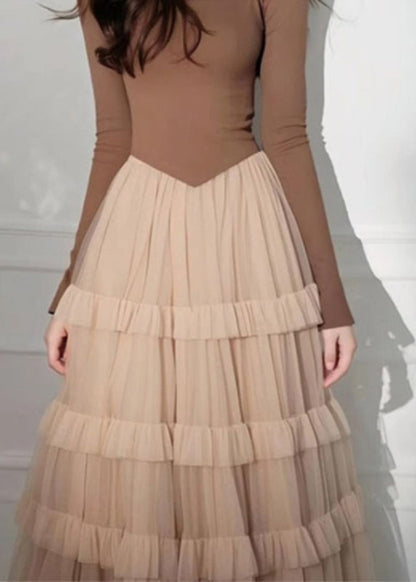 Kuchen Lange Kaffee Quadrat Tüll Elegante Kleid Patchwork Kragen