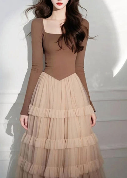 Kuchen Lange Kaffee Quadrat Tüll Elegante Kleid Patchwork Kragen