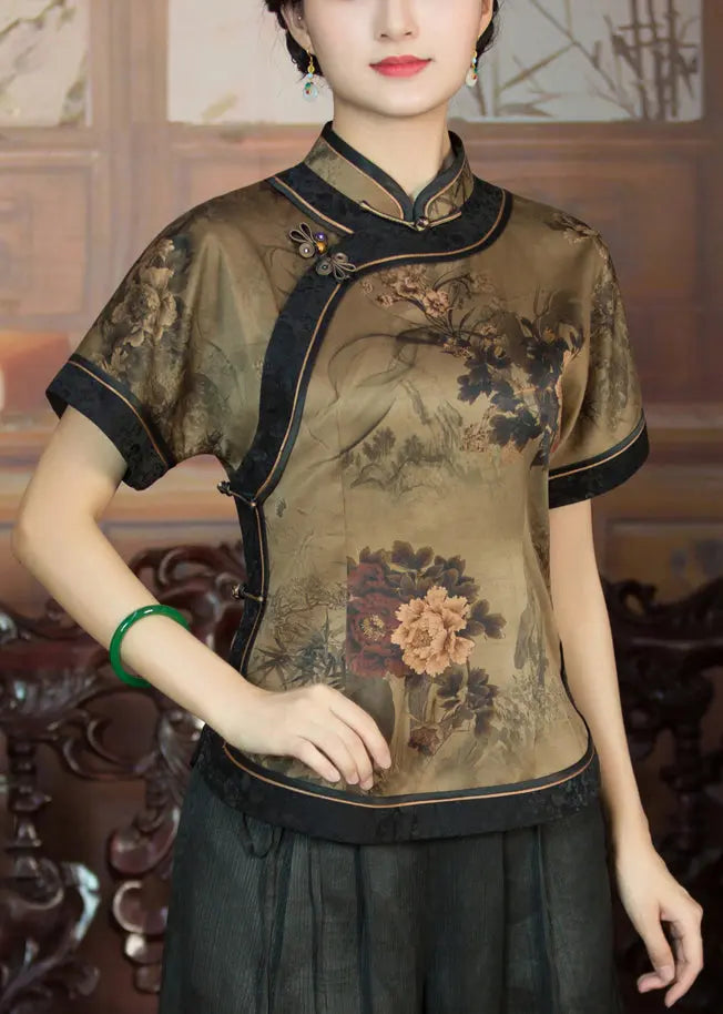 Elegant Dark Khaki Button Print Patchwork Silk Shirts Summer Ada Fashion