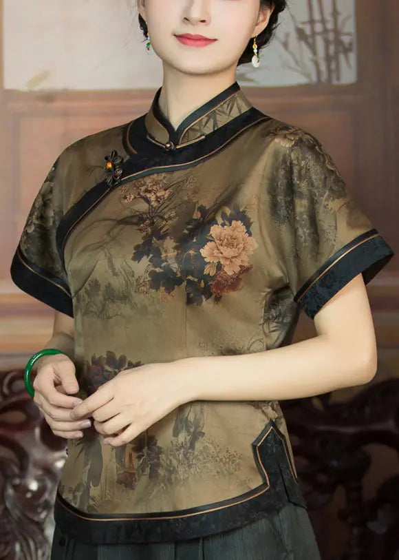 Elegant Dark Khaki Button Print Patchwork Silk Shirts Summer Ada Fashion