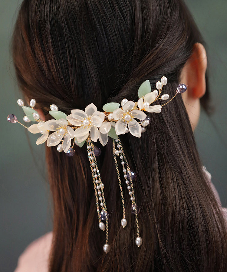 Elegant Gold Sterling Silver Overgild Pearl Floral Tassel Hairpin QD029