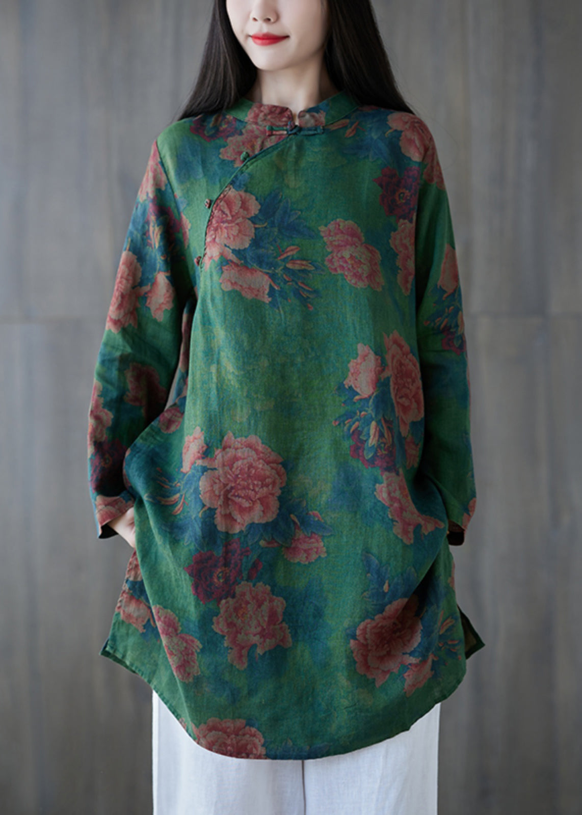 Elegant Green Button Print Linen Mid Dress Long Sleeve GG063