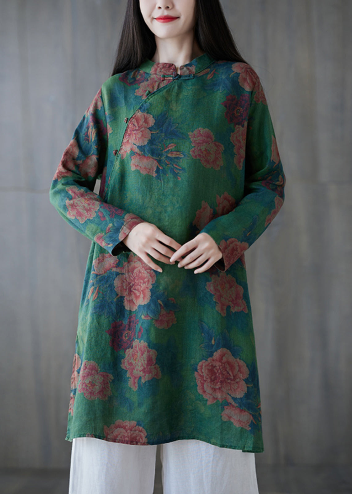 Elegant Green Button Print Linen Mid Dress Long Sleeve GG063