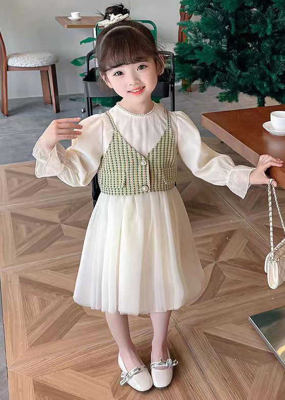 Elegant Green Button Waistcoat And Dress Tulle Kids Two Pieces Set Fall XZ075