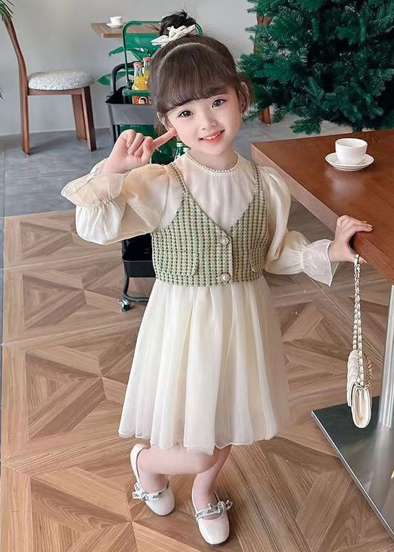 Elegant Green Button Waistcoat And Dress Tulle Kids Two Pieces Set Fall XZ075