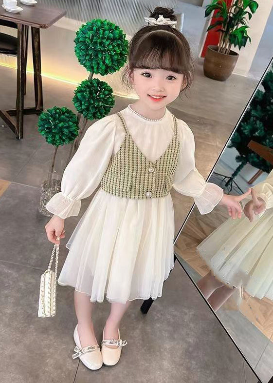 Elegant Green Button Waistcoat And Dress Tulle Kids Two Pieces Set Fall XZ075