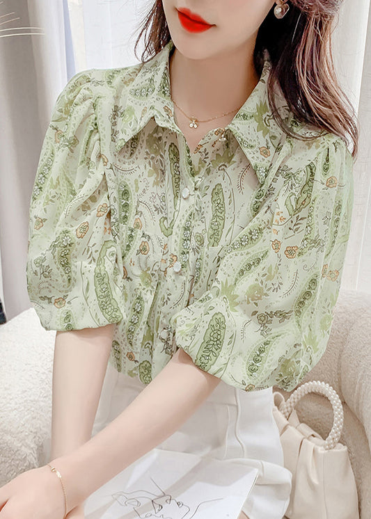 Elegantes grünes Chiffon-Shirt mit Peter-Pan-Kragen und Laternenärmeln TZ015