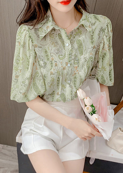 Elegantes grünes Chiffon-Shirt mit Peter-Pan-Kragen und Laternenärmeln TZ015