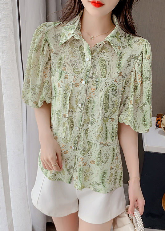 Elegantes grünes Chiffon-Shirt mit Peter-Pan-Kragen und Laternenärmeln TZ015