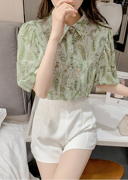 Elegantes grünes Chiffon-Shirt mit Peter-Pan-Kragen und Laternenärmeln TZ015