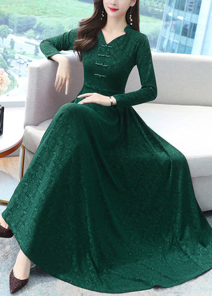 Robe longue élégante en coton à imprimé vert et boutons chinois OO027